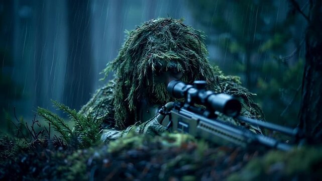 Sniper in ghillie suit aiming with sniper rifle in dense forest environment.