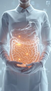 Medical professional demonstrating human digestive system with glowing intestines.