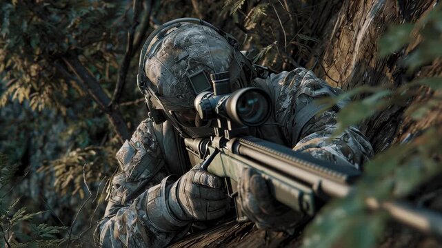 Camouflaged sniper aiming through scope in dense forest environment.