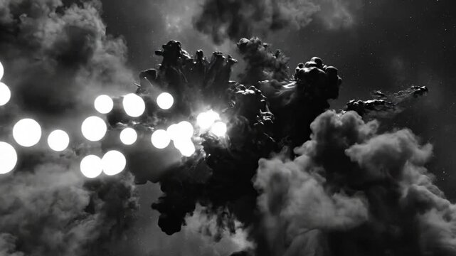 Cosmic explosion in a dark cloud filled space scene with bright orbs