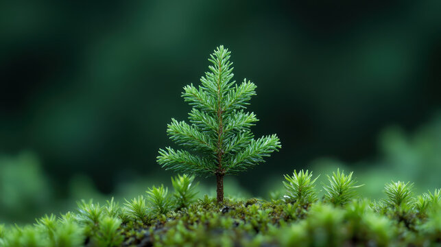 Young pine tree nature green forest background, small evergreen conifer sapling growth hope, fresh needle foliage close up soft focus woodland moss