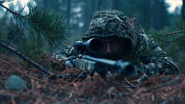 Soldier in camouflage ghillie suit aiming sniper rifle in forest.