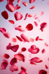 Romantic love theme for Valentines Day. A vibrant display of red rose petals suspended in midair against a soft pink background, creating a dreamy and romantic atmosphere.