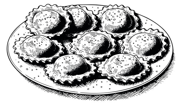 Hand drawn line art food set featuring ravioli on a plate for Italian cuisine menu design