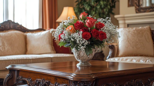 Luxury living room flower arrangement red rose bouquet antique furniture wooden table elegant interior classic sofa home decor romantic mood luxury living room with elegant flower arrangement