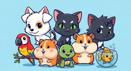 Obraz premium Colorful cartoon animals group with dog cat hamster parrot turtle fish