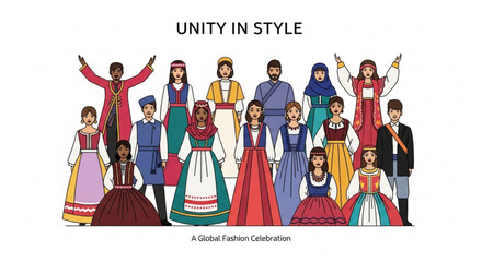 Diverse group of people wearing traditional clothing from around the world standing together in unity and celebration with colorful dresses