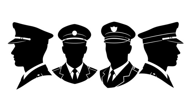 Four distinct male silhouettes in profile and front view wearing formal uniforms and peaked caps representing authority