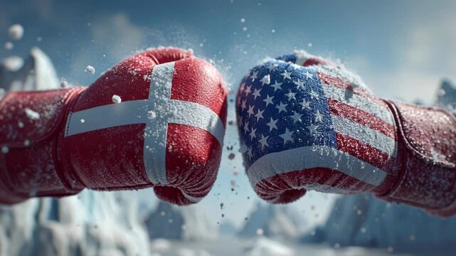 US and Denmark Greenland conflict is illustrated as a geopolitical tension concept. Boxing gloves with Denmark and United States flags facing each other in a snowy environment.