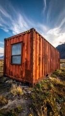 Fototapeta premium A rusty shipping container in a field with a blue sky
