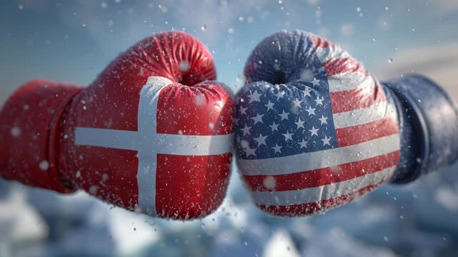 US and Denmark Greenland conflict is illustrated as a geopolitical tension concept. Close-up of boxing gloves with Danish and American flags facing each other.