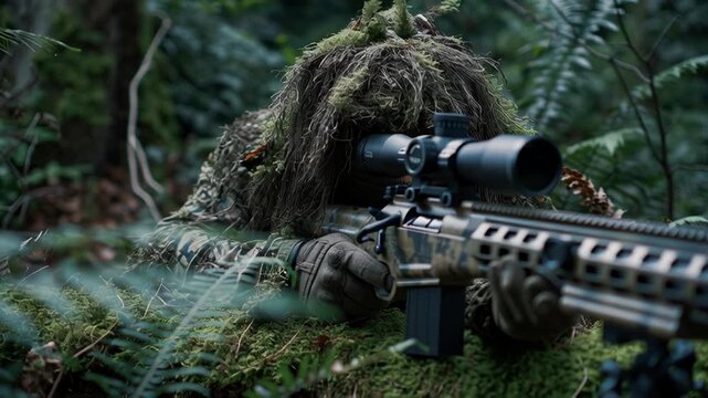Sniper in ghillie suit aiming with rifle in dense forest environment.