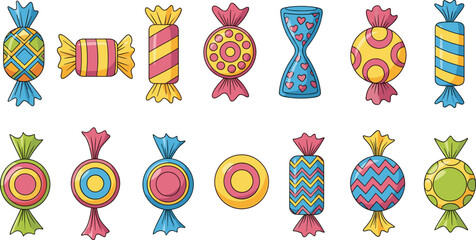 Hand Drawn Colorful Hard Candy Vector Set with Vibrant Patterns and Wrapped Sweets for Confectionery Branding, Party Invitations, and Dessert Shop Decorations