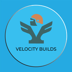 Modern Logo Design for "Velocity Builds" Featuring Motorcycle Helmet and Wings Icon on Blue Background