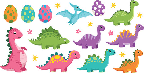 Cute Cartoon Dinosaur Vector Character Set with Colorful Prehistoric Eggs, Pterodactyl, Stegosaurus, and Brachiosaurus for Nursery Decor and Childrens Educational Designs © MdSaddam