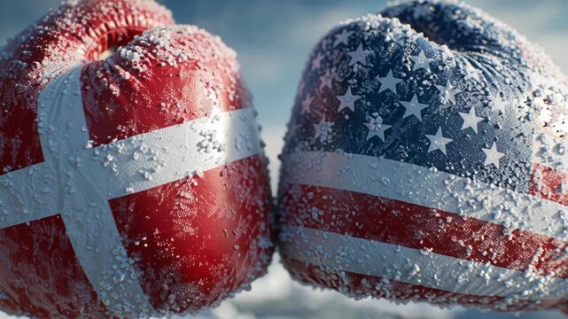 US and Denmark Greenland conflict is illustrated as a geopolitical tension concept. Boxing gloves painted with the flags of Denmark and the United States facing each other.