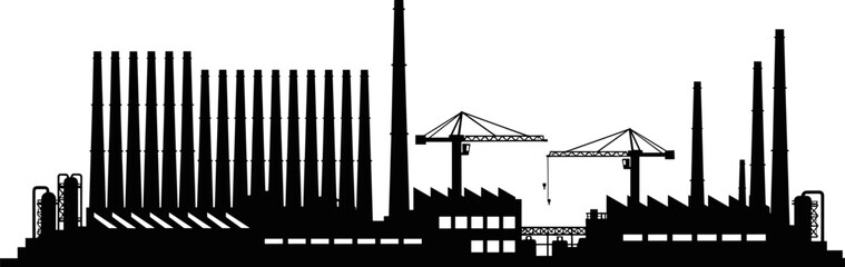 Industrial factory skyline vector illustration, manufacturing plant silhouette with chimneys cranes and warehouses, heavy industry infrastructure design isolated on white background