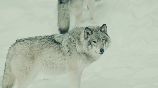 Slow motion pack of Gray Wolves moving through snowy northern forest, showcasing natural winter behavior in pristine wilderness daylight, cinematic wildlife scene, 05 February 2026.