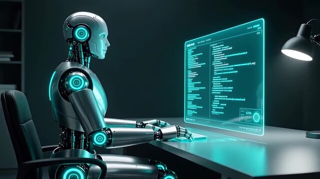 AI Robot Programming Code on a Futuristic Holographic Interface