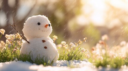 Obraz premium Spring snow ice thaw, end of Winter Season, hope, fresh start. A snowman in the snow with a stick in its mouth, surrounded by grass and flowers. The snowman has a cheerful expression.