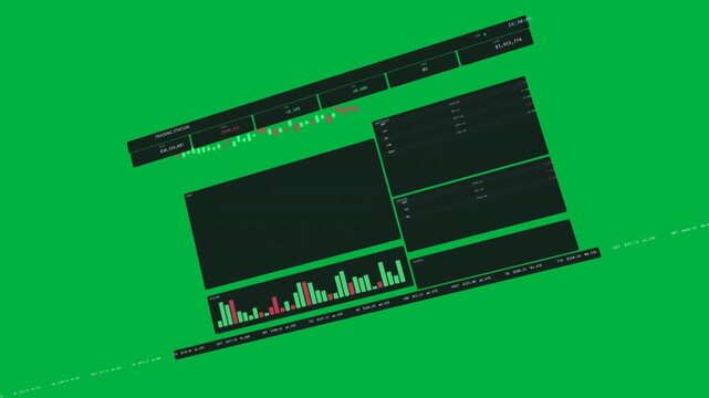 Camera zooming trading UI rotating revealing candles volume watchlist to preview on transparent bg