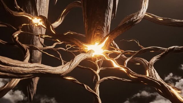 Glowing twisting tree branches converge with a radiant core above dark clouds
