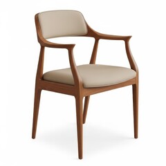 A wooden chair with a beige cushion and armrests