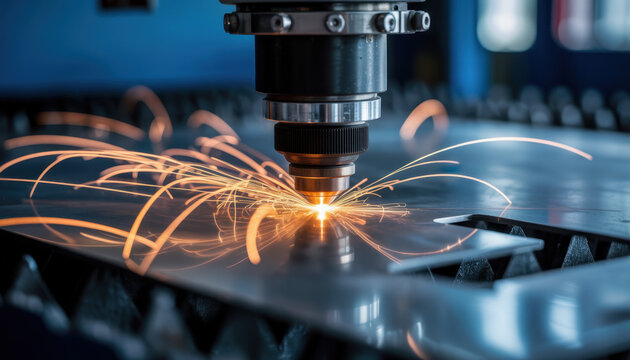 Automated laser cutter etches metal plate with intricate pattern. Sparks fly as machine works on industrial material. Precision manufacturing in factory workshop.