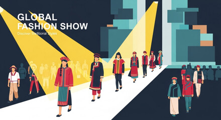 Global fashion show with diverse models on catwalk in modern cityscape at night