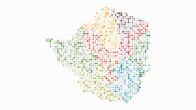 Zimbabwe animated country shape. Pulsating colored dots on the map of the country. Small size rounded square blocks. Digital style Zimbabwe map on white background. Amazing animation video.