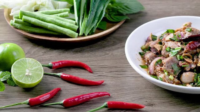 Thai spicy minced pork salad or laab moo in Isan Thai food style