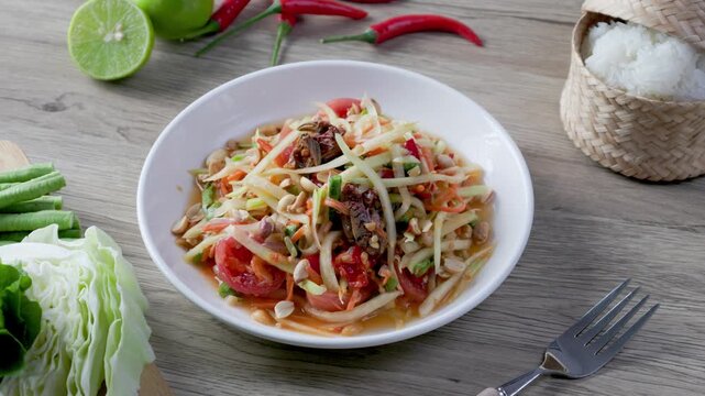 Somtum - Thai spicy papaya salad with herring