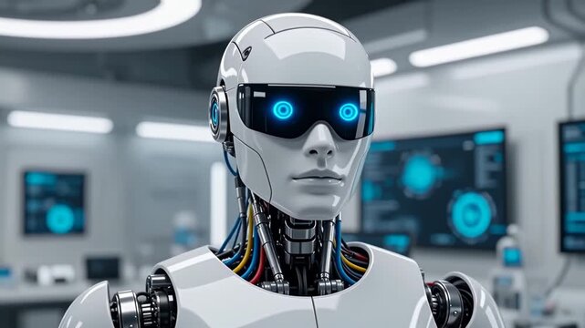 Futuristic AI Humanoid Robot with Glowing Blue Eyes in High-Tech Lab