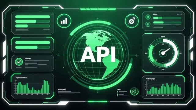 Global API Technology Digital HUD Dashboard with Data Visualization