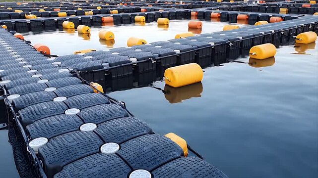Rows Of Floating Black And Yellow Buoys Form A Docking System On Calm Water Under Overcast Sky Providing A Foundation