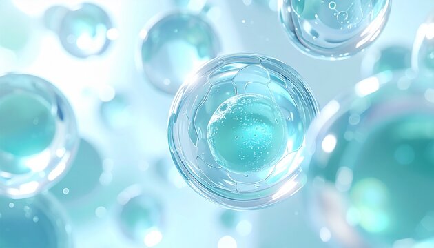 美容液に配合される保湿成分を象徴する透明カプセル構造のマクロビジュアル セラミド・ヒアルロン酸 ジェネレーティブAI