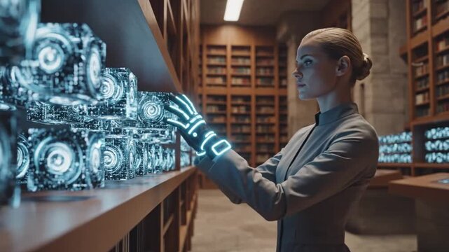 Futuristic female technologist interacting with holographic data cubes in a high tech archive