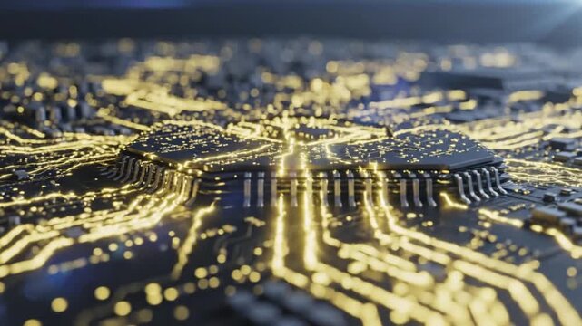 Golden glowing circuitry close up on a microelectronics circuit board with intricate pathways