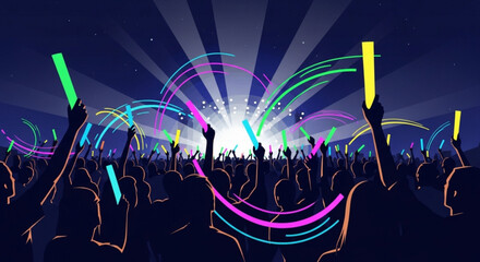 Crowd of people at a vibrant music festival with colorful glow sticks and radiant lights in the night sky © MUHAMMAD