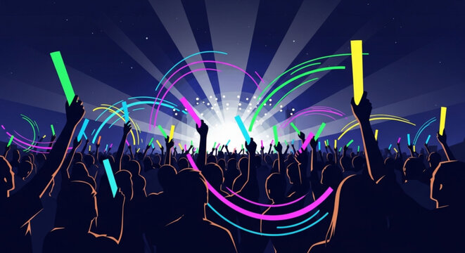 Crowd of people at a vibrant music festival with colorful glow sticks and radiant lights in the night sky