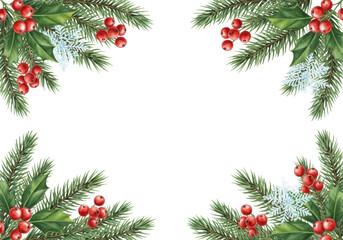 Hand-drawn watercolor illustration of an elegant christmas border featuring lush fir branches, glossy red holly, and delicate snowflakes on a textured off-white background. concept for winter holiday