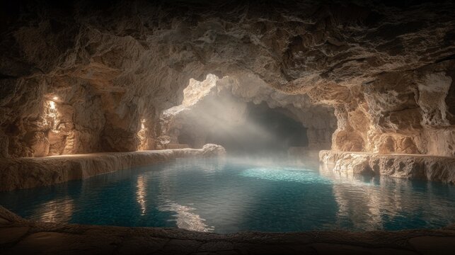 Geothermal hot springs resort, spa, bath pool, relaxation vacation theme. A breathtaking view of a cave with a pool of water in the middle, illuminated by a light source.