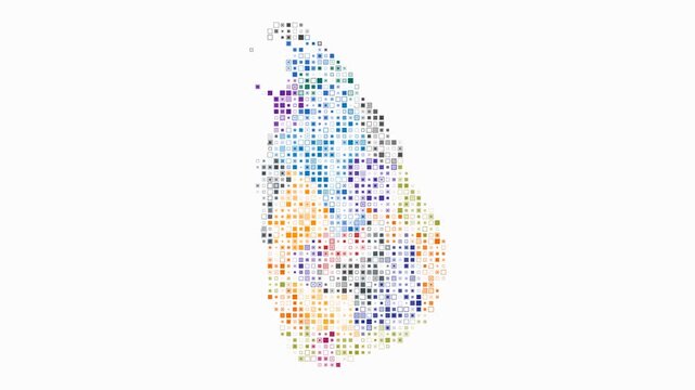 Sri Lanka animated country shape. Pulsating colored dots on the map of the country. Small size square blocks. Digital style Sri Lanka map on white background. Modern animation video.