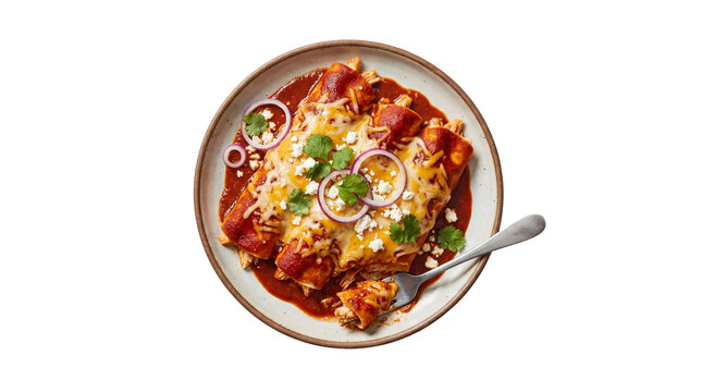 Three red enchiladas with melted cheese, red sauce, cilantro, and red onion on a white plate with a fork, top view