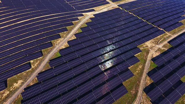 Rows of solar panels stretch across a field in a rural area. The panels are arranged neatly, absorbing sunlight in the afternoon. Paths wind between the rows, showing access to the equipment.