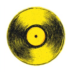 Hand-drawn yellow vinyl record with black grooves on a white background