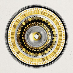 Intricate circular mechanical design with concentric gold and silver gears