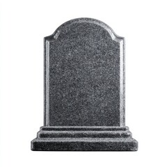 A plain, grey, arched headstone stands on a multi-tiered base