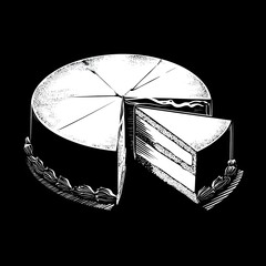 A layered cake, sliced with one piece removed, on black