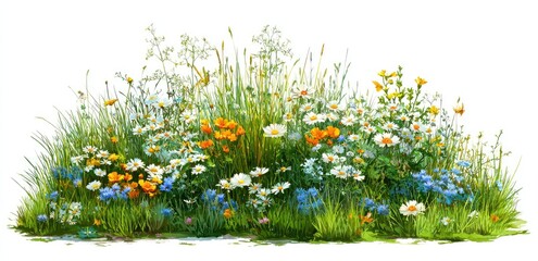A vibrant tapestry of assorted wildflowers, lush green grasses, and delicate blooms